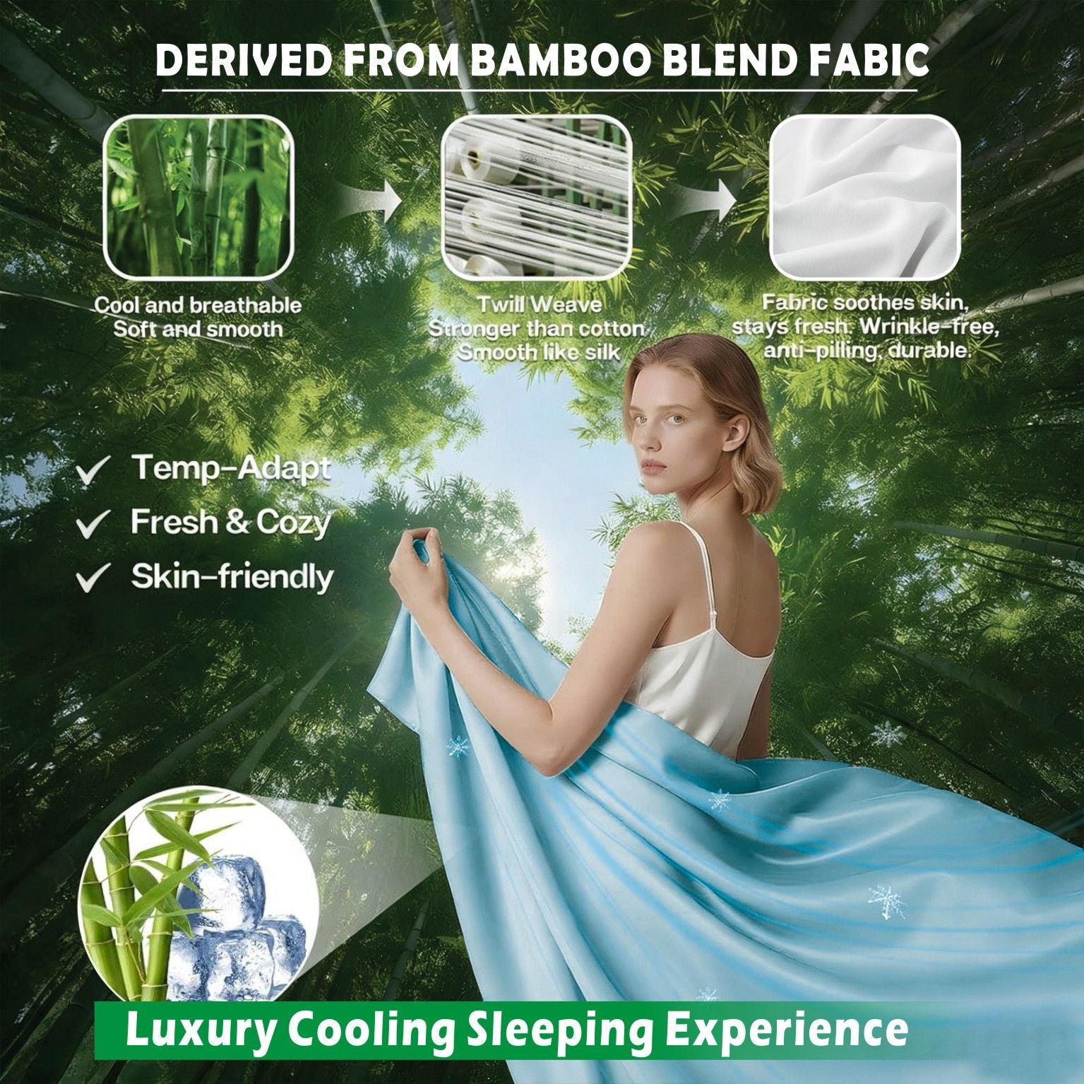 3 Piece Hotel Bamboo Cooling Sheet Set -Ultra Soft 2000TC Breathable Bed Sheets Set with 37 Centimetre Deep Pocket-Cooling Sheets for Hot Sleepers(Sky Blue,Single)