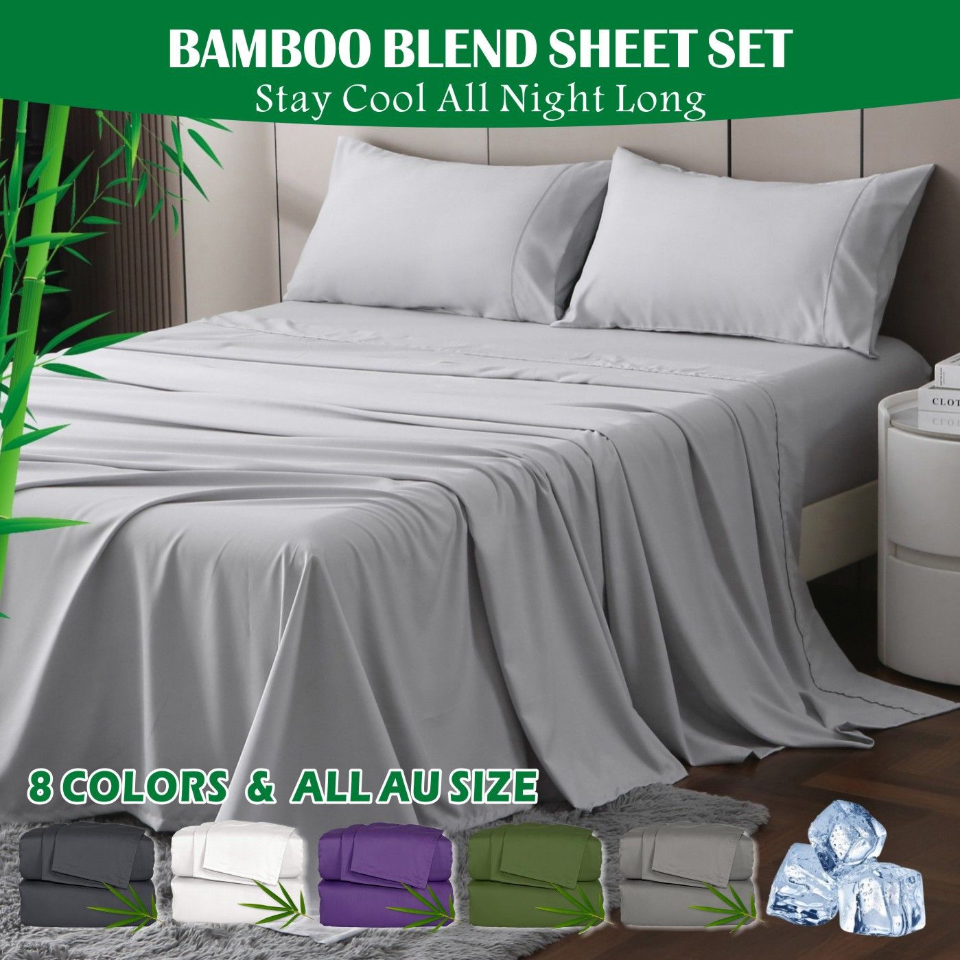 3 Piece Hotel Bamboo Cooling Sheet Set -Ultra Soft 2000TC Breathable Bed Sheets Set with 37 Centimetre Deep V1317-ZXW9-AUS-4JT-YH