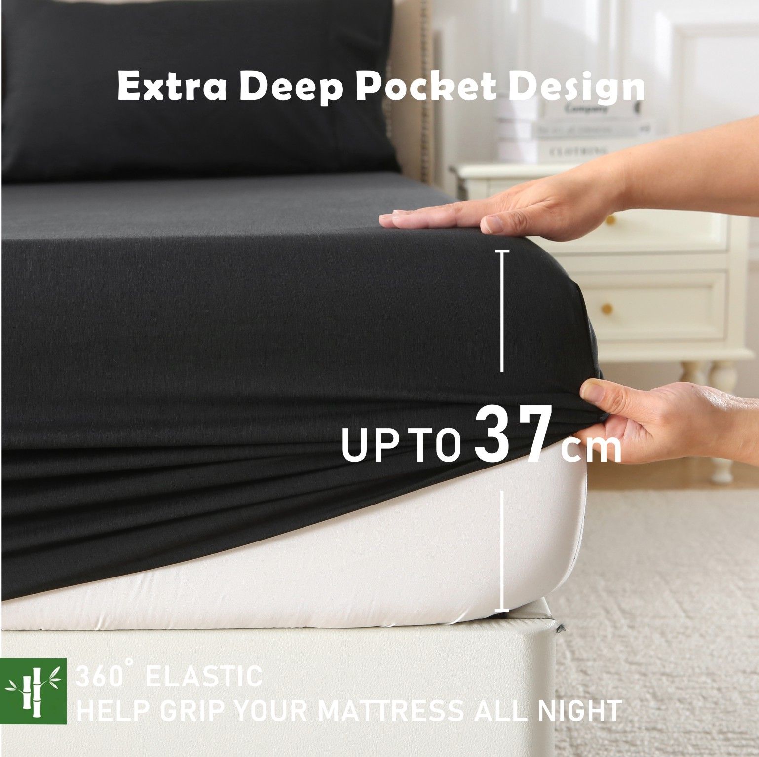 3 Piece Hotel Bamboo Cooling Fitted Sheet Set & Pillowcase -Ultra Soft 2000TC Breathable Fitted Bed Sheets V1317-ZXW9-AUSK-3JT-CL-HEI