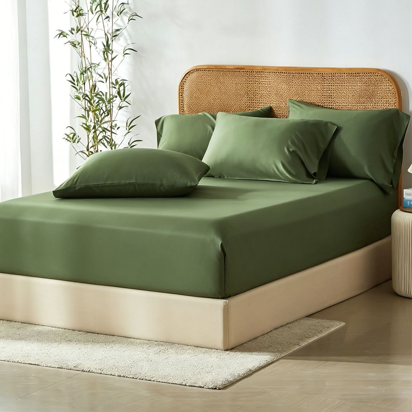 3 Piece Hotel Bamboo Cooling Fitted Sheet Set & Pillowcase -Ultra Soft 2000TC Breathable Fitted Bed Sheets Set with 37 Centimetre Deep Pocket-Cooling Sheets for Hot Sleepers(Olive green,Super King)