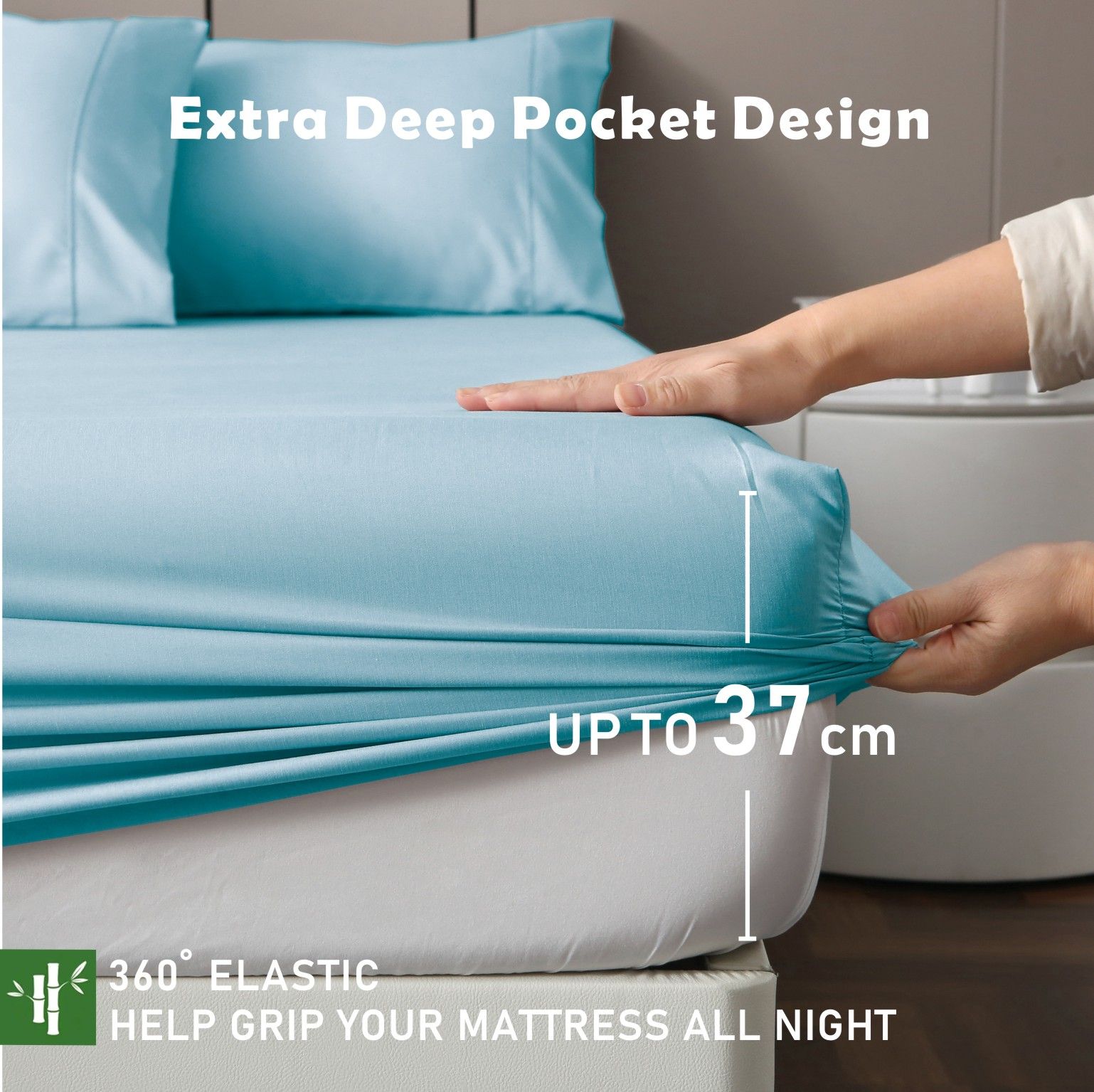 3 Piece Hotel Bamboo Cooling Fitted Sheet Set & Pillowcase -Ultra Soft 2000TC Breathable Fitted Bed Sheets V1317-ZXW9-AUSK-3JT-CL-QL