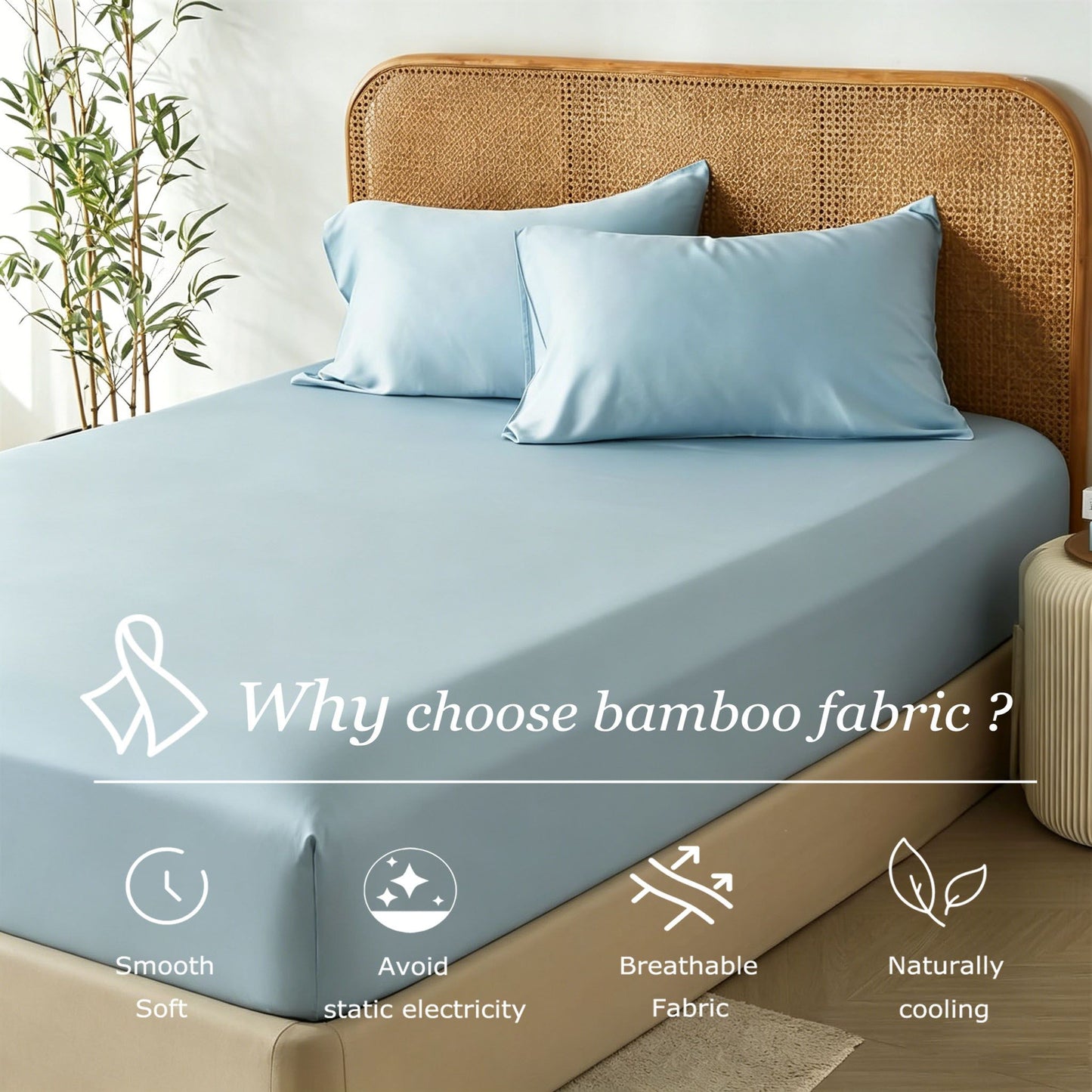 3 Piece Hotel Bamboo Cooling Fitted Sheet Set & Pillowcase -Ultra Soft 2000TC Breathable Fitted Bed Sheets V1317-ZXW9-AUSK-3JT-CL-QL