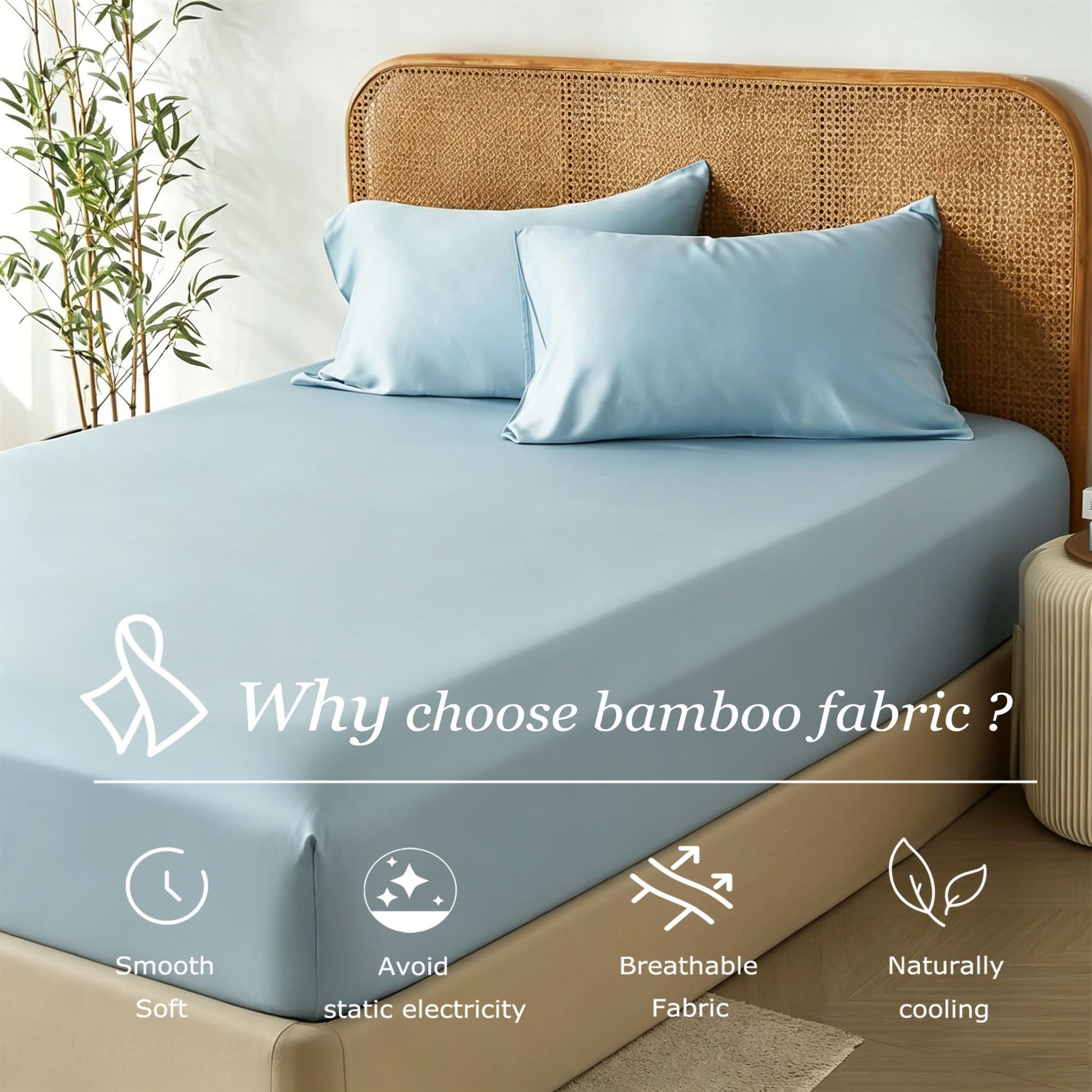 3 Piece Hotel Bamboo Cooling Fitted Sheet Set & Pillowcase -Ultra Soft 2000TC Breathable Fitted Bed Sheets V1317-ZXW9-AUSK-3JT-CL-QL