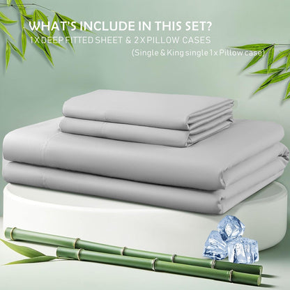 3 Piece Hotel Bamboo Cooling Fitted Sheet Set & Pillowcase -Ultra Soft 2000TC Breathable Fitted Bed Sheets V1317-ZXW9-AUSK-3JT-CL-YH