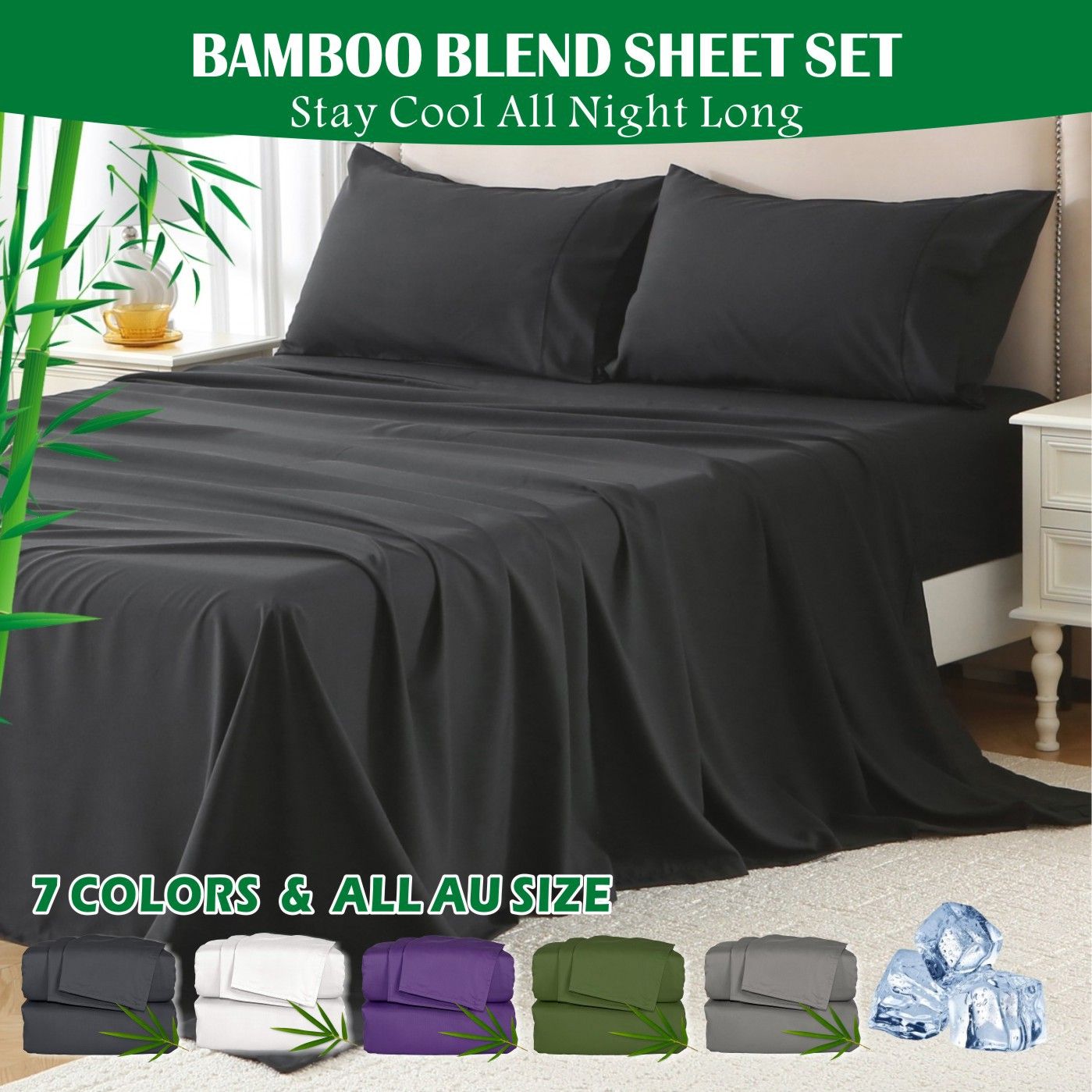 4 Piece Hotel Bamboo Cooling Sheet Set -Ultra Soft 2000TC Breathable Bed Sheets Set with 37 Centimetre Deep V1317-ZXW9-AUSK-4JT-HEI