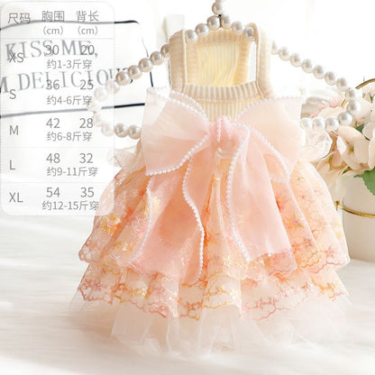 Accope Pet Dress Cotton Princess Style Summer Double-layer embroidery flesh pink V1328-5036765090769