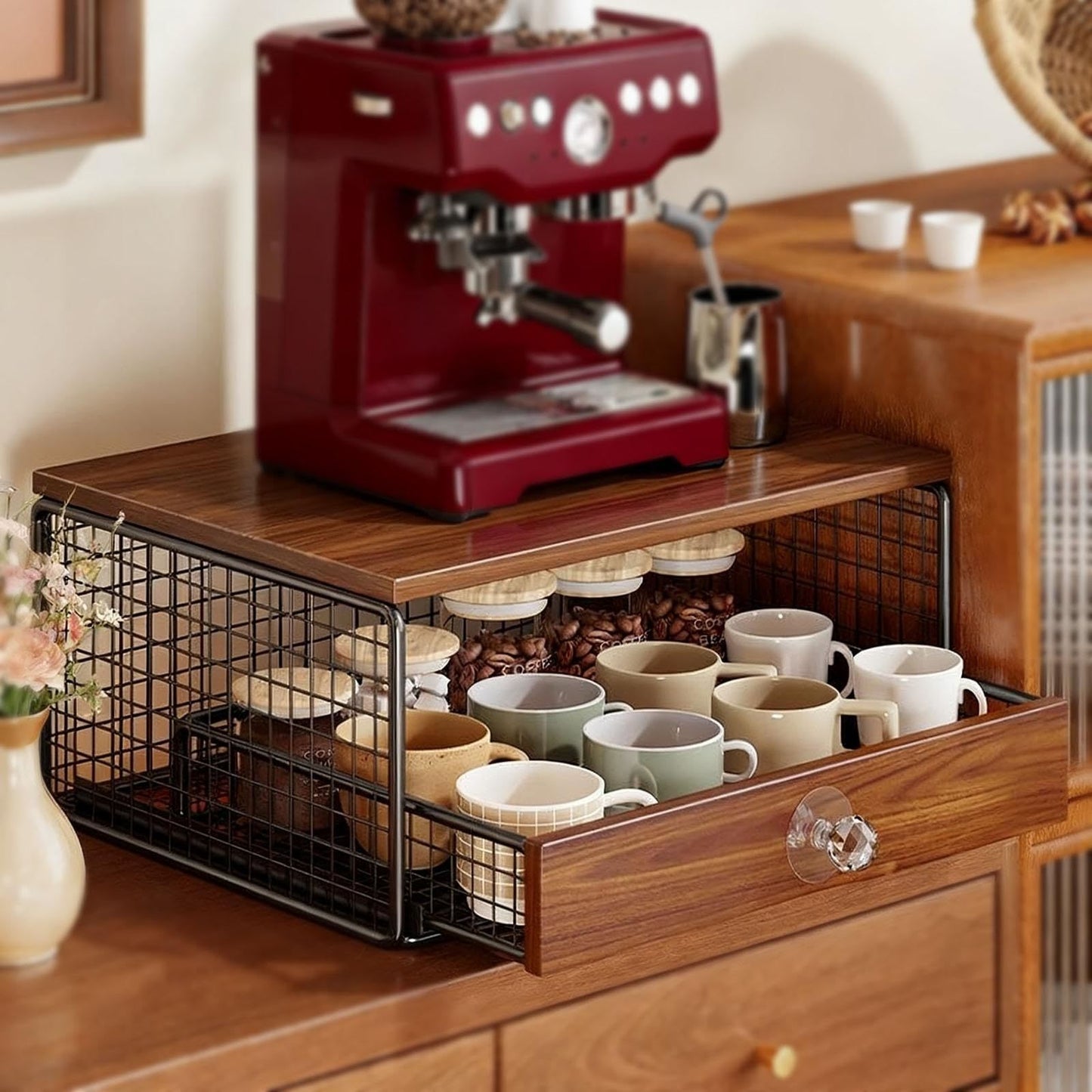 Coffee Machine Stand,Coffee Capsule Storage, Kitchen Counter Organizer with Drawer& Wire Basket, Space Saving V1337-A9-C57U-QV30