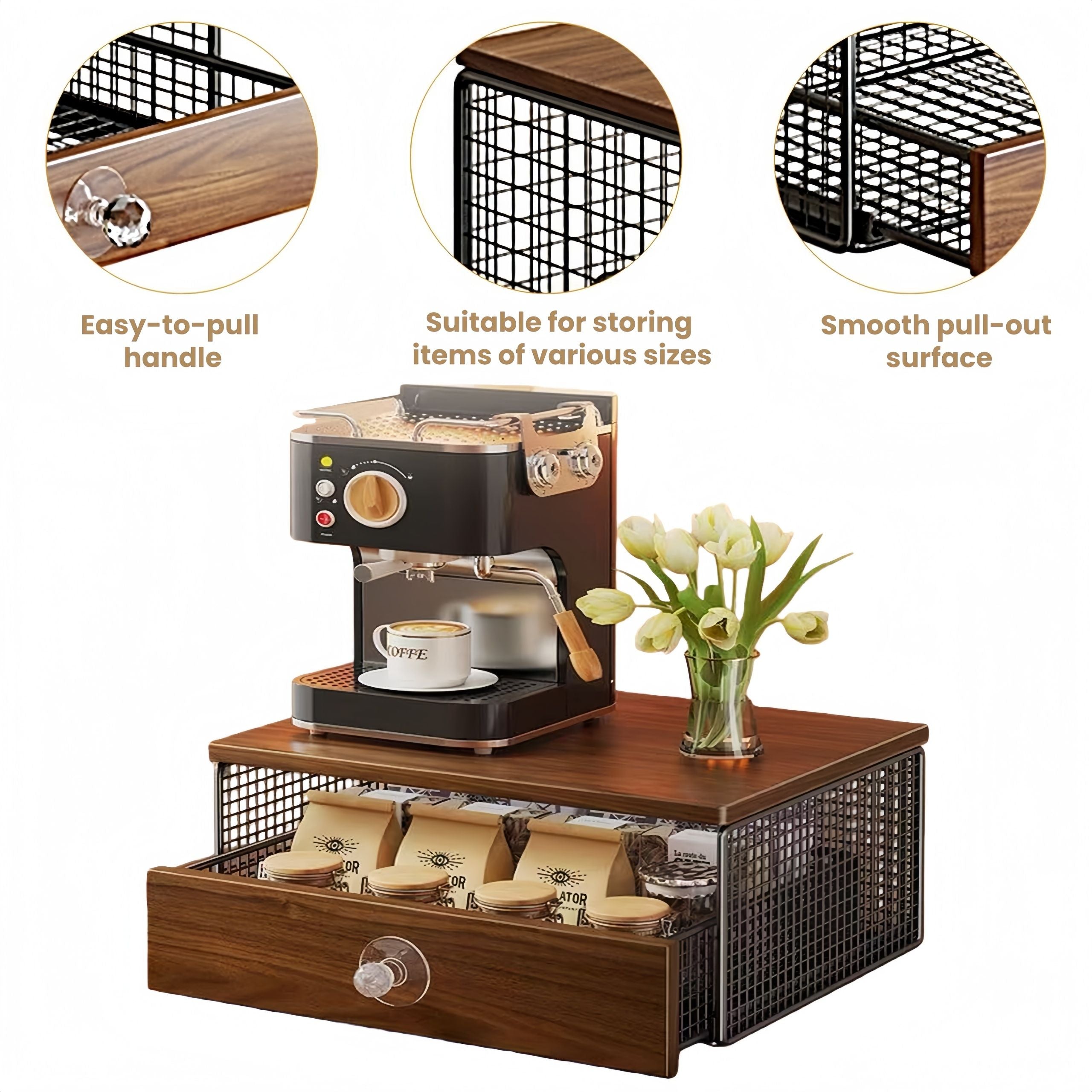 Coffee Machine Stand,Coffee Capsule Storage, Kitchen Counter Organizer with Drawer& Wire Basket, Space Saving V1337-A9-C57U-QV30