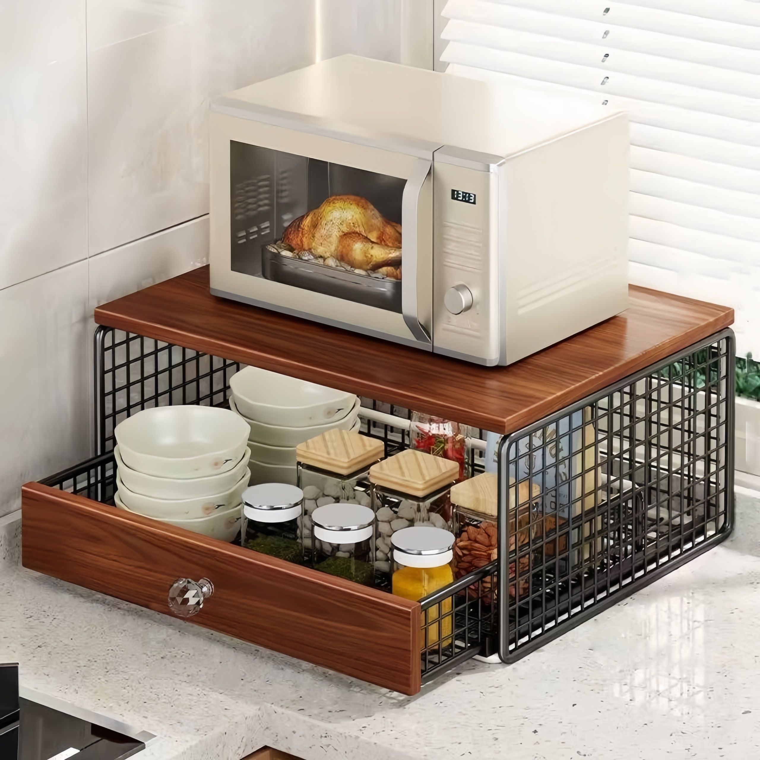 Coffee Machine Stand,Coffee Capsule Storage, Kitchen Counter Organizer with Drawer& Wire Basket, Space Saving V1337-A9-C57U-QV30