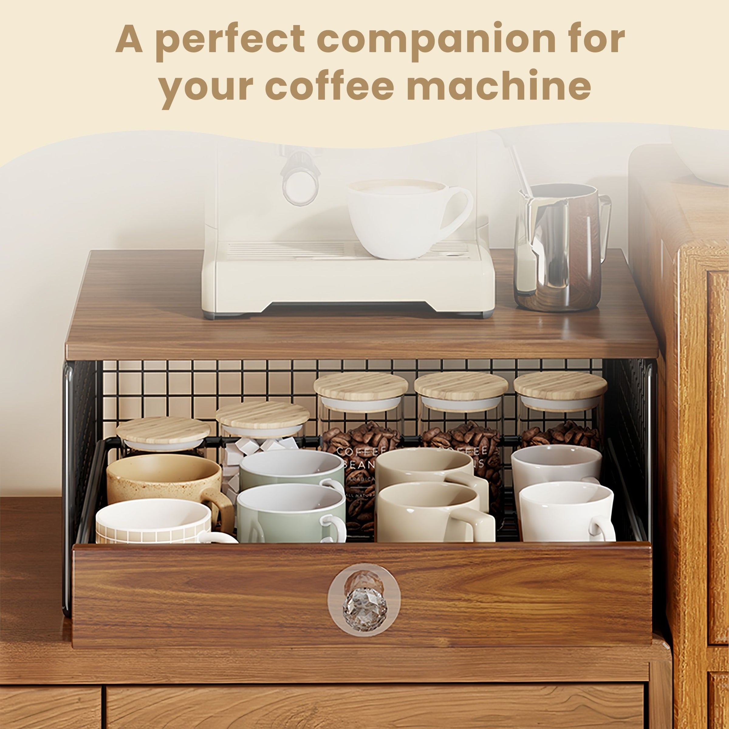Coffee Machine Stand,Coffee Capsule Storage, Kitchen Counter Organizer with Drawer& Wire Basket, Space Saving V1337-A9-C57U-QV30