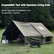 Dark Green Inflatable Camping Tent with Canopy, Large 4-6 Person, Waterproof, Heavy Duty Cabin Glamping Hiking Blow Up Tent with Awning Extension Porch and Air Pump