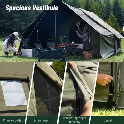 Dark Green Inflatable Camping Tent with Canopy, Large 4-6 Person, Waterproof, Heavy Duty Cabin Glamping Hiking Blow Up Tent with Awning Extension Porch and Air Pump