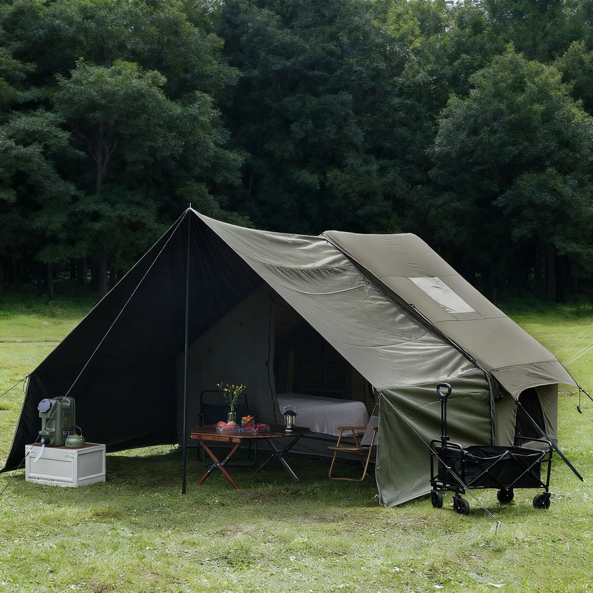Dark Green Inflatable Camping Tent with Canopy, Large 4-6 Person, Waterproof, Heavy Duty Cabin Glamping Hiking Blow Up Tent with Awning Extension Porch and Air Pump
