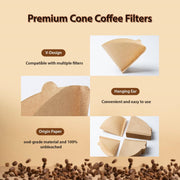 Coffee Filter Paper,100Pcs V60 Cone&50Pcs Hanging Ear Drip, Disposable Natural Unbleached Paper Filters with Pour Over and Drip Coffee Maker