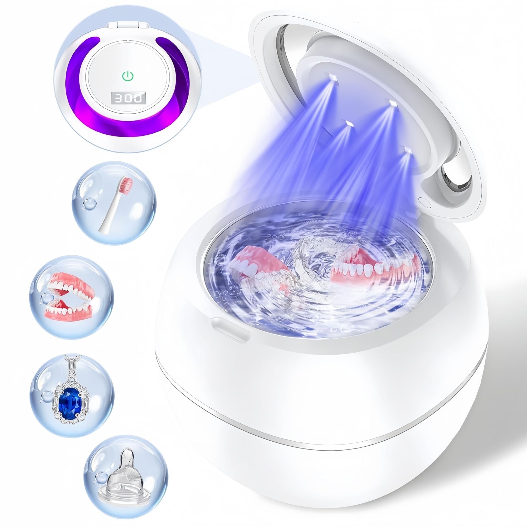Ultrasonic Retainer Cleaner, 42kHz Portable UV Denture Cleaner for Dentures Aligner Mouth Guard Denture Toothbrush Heads, Jewelry, Glasses with 180ML Capacity
