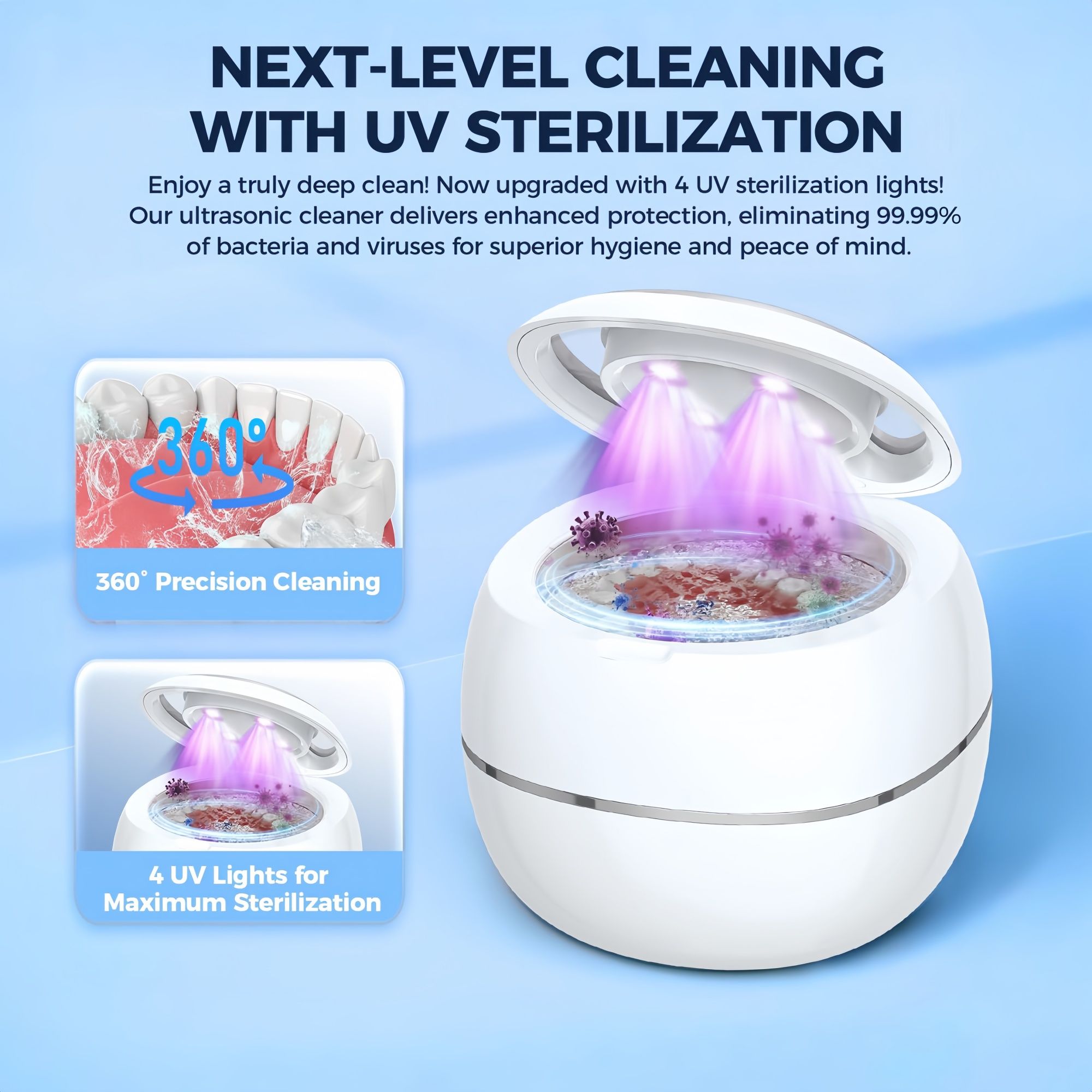 Ultrasonic Retainer Cleaner, 42kHz Portable UV Denture Cleaner for Dentures Aligner Mouth Guard Denture Toothbrush Heads, Jewelry, Glasses with 180ML Capacity
