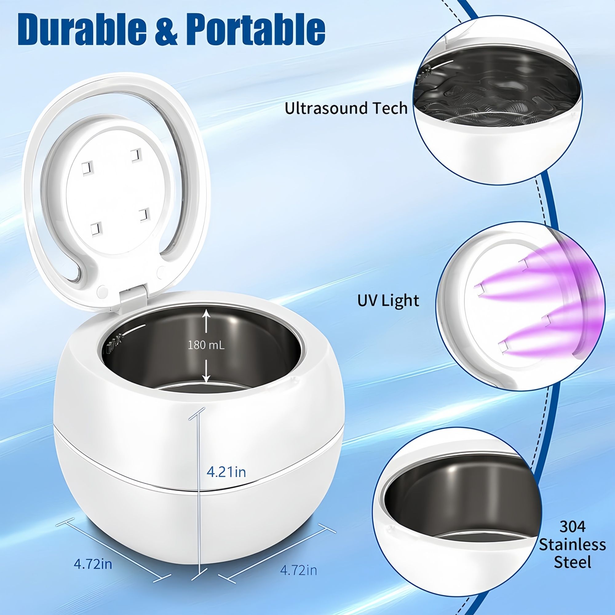 Ultrasonic Retainer Cleaner, 42kHz Portable UV Denture Cleaner for Dentures Aligner Mouth Guard Denture Toothbrush Heads, Jewelry, Glasses with 180ML Capacity