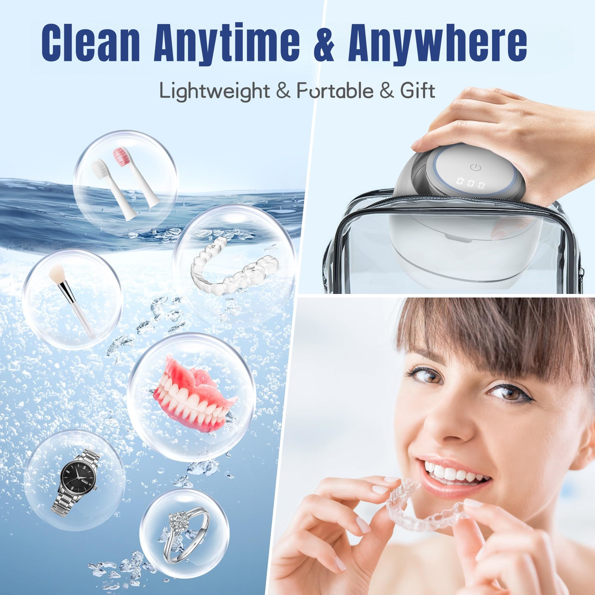 Ultrasonic Retainer Cleaner, 42kHz Portable UV Denture Cleaner for Dentures Aligner Mouth Guard Denture Toothbrush Heads, Jewelry, Glasses with 180ML Capacity
