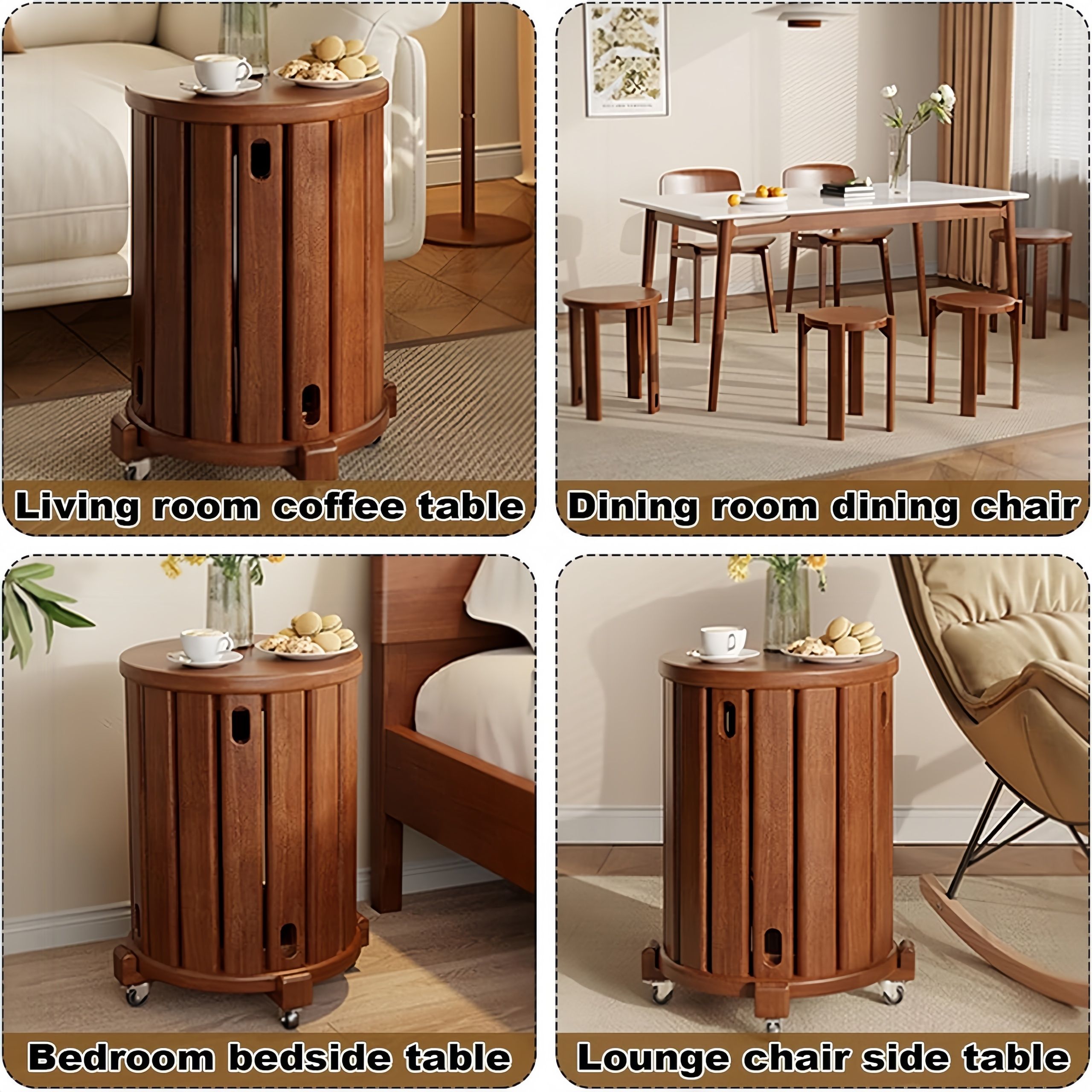 Stackable Wooden Stools Set of 4,Bar Stools Dining Chair with Movable Base,Nesting Side Tables Nesting Coffee Table, No Installation Required for Indoor Outdoor Living Room Garden