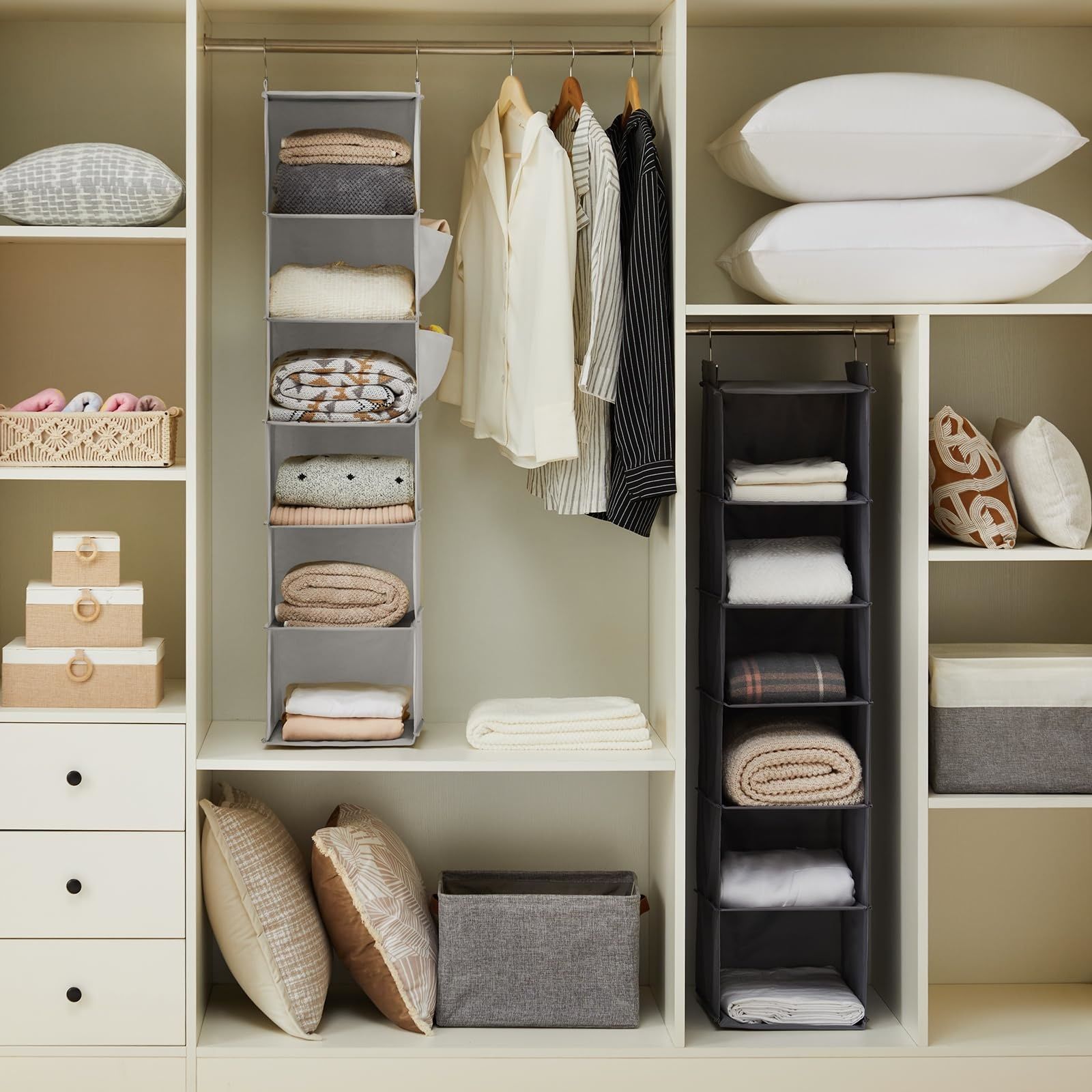 2 Pack Shelves Hanging Organizer-Foldable 6 and 8 Section Hanging Shelves,Natural Canvas Closet Organizer for Sweater Shoe Srotage
