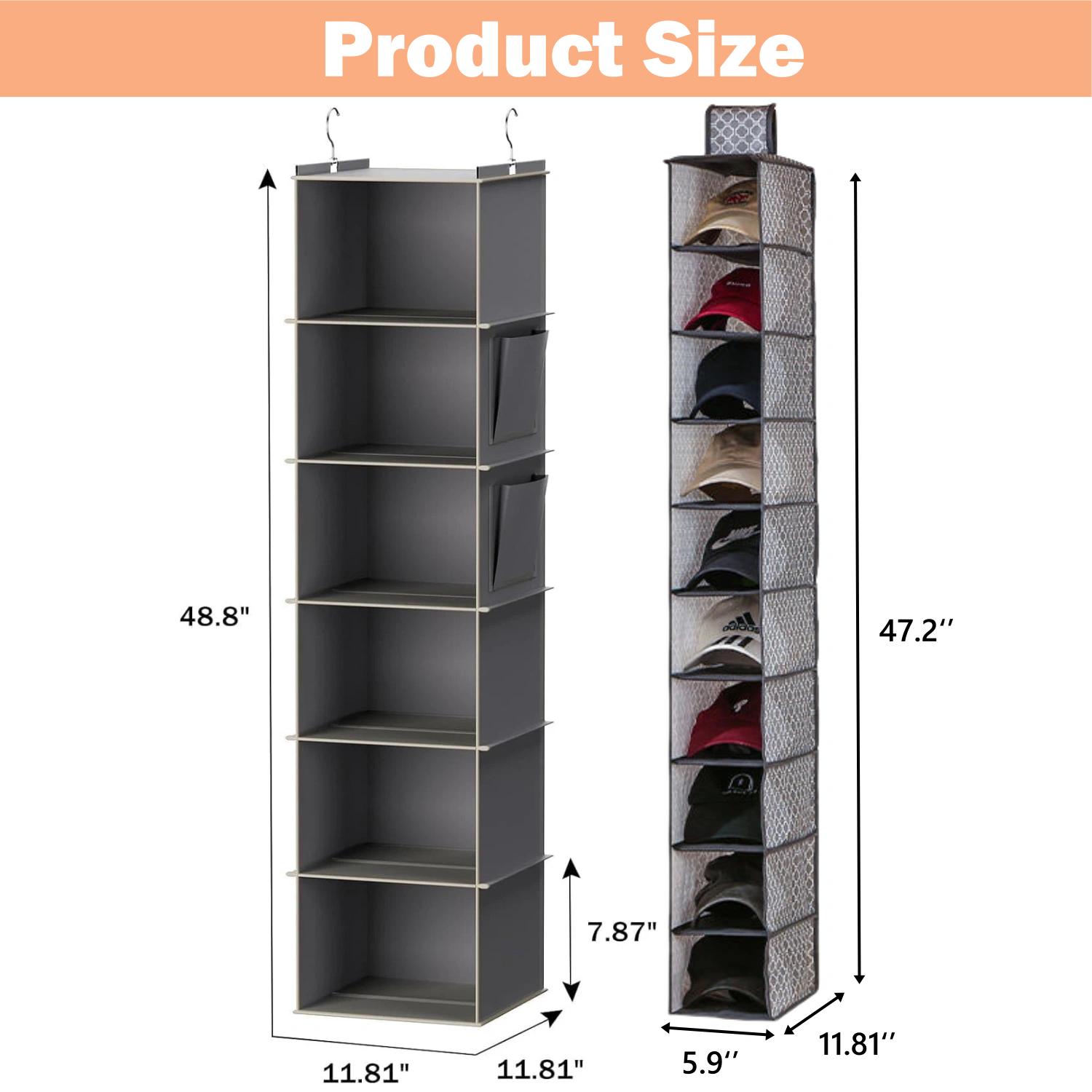 2 Pack Shelves Hanging Organizer-Foldable 6 and 8 Section Hanging Shelves,Natural Canvas Closet Organizer for Sweater Shoe Srotage