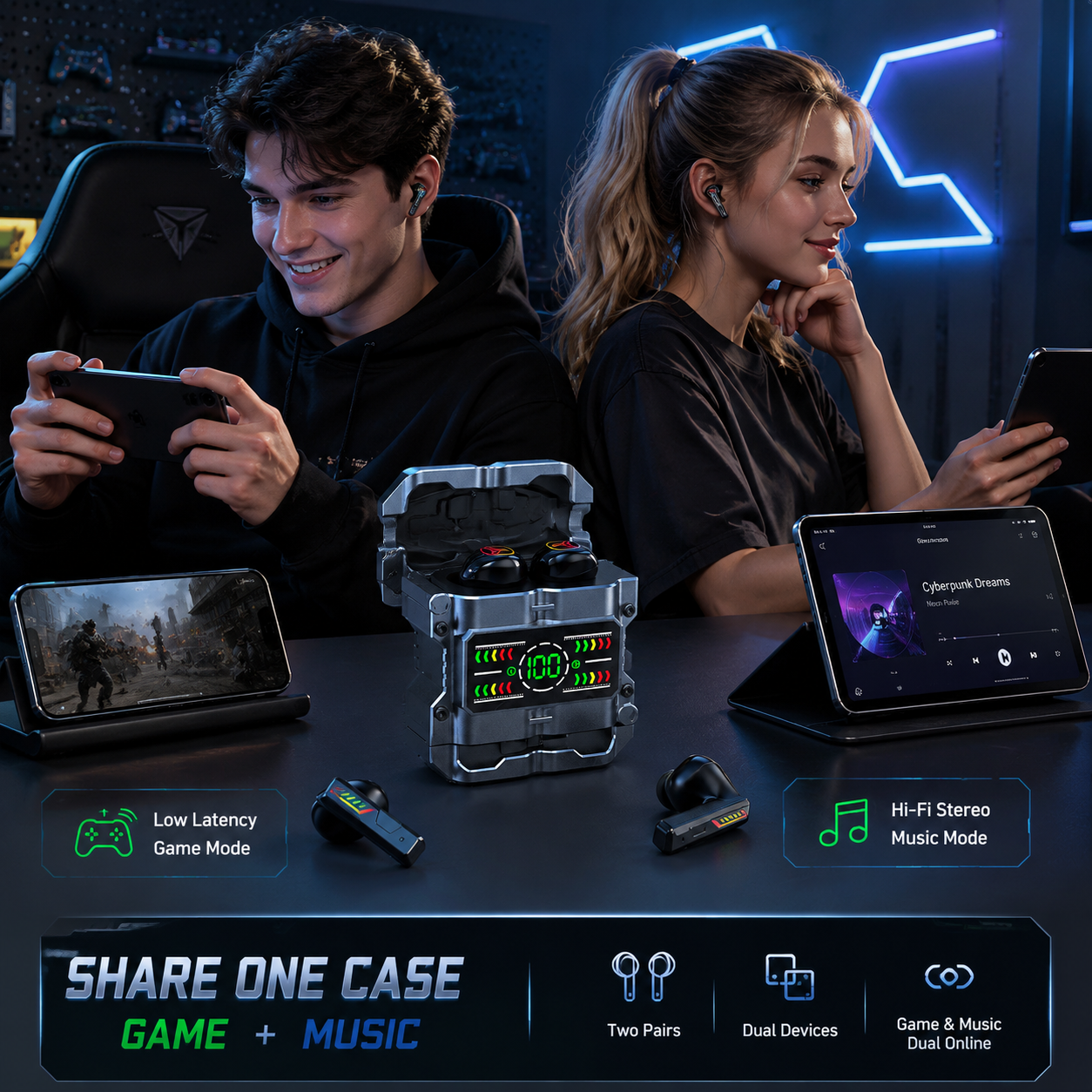 Wireless Earbuds 2 Pairs in 1 Charging Case with LED Display | 40H Total Playtime, Gaming & Music, Mecha Bluetooth Design, Dual Style Earbuds, Couples Earphones