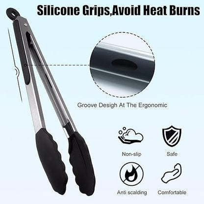 4 Pcs Kitchen Tongs Stainless Steel Set-9" & 12" Tong with Non Slip Silicone Tips and Grip, 11" Stainless Steel Cooking Tongs, Heat Resistant Kitchen Utensils for Cooking Baking Buffet