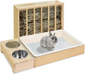 Wooden Rabbit Hay Feeder with 3-in-1 Litter Box and Bowls, Small Animal Rack for Guinea Pigs, Chinchillas, Hamsters, and Dwarf Rabbits - Wood Color