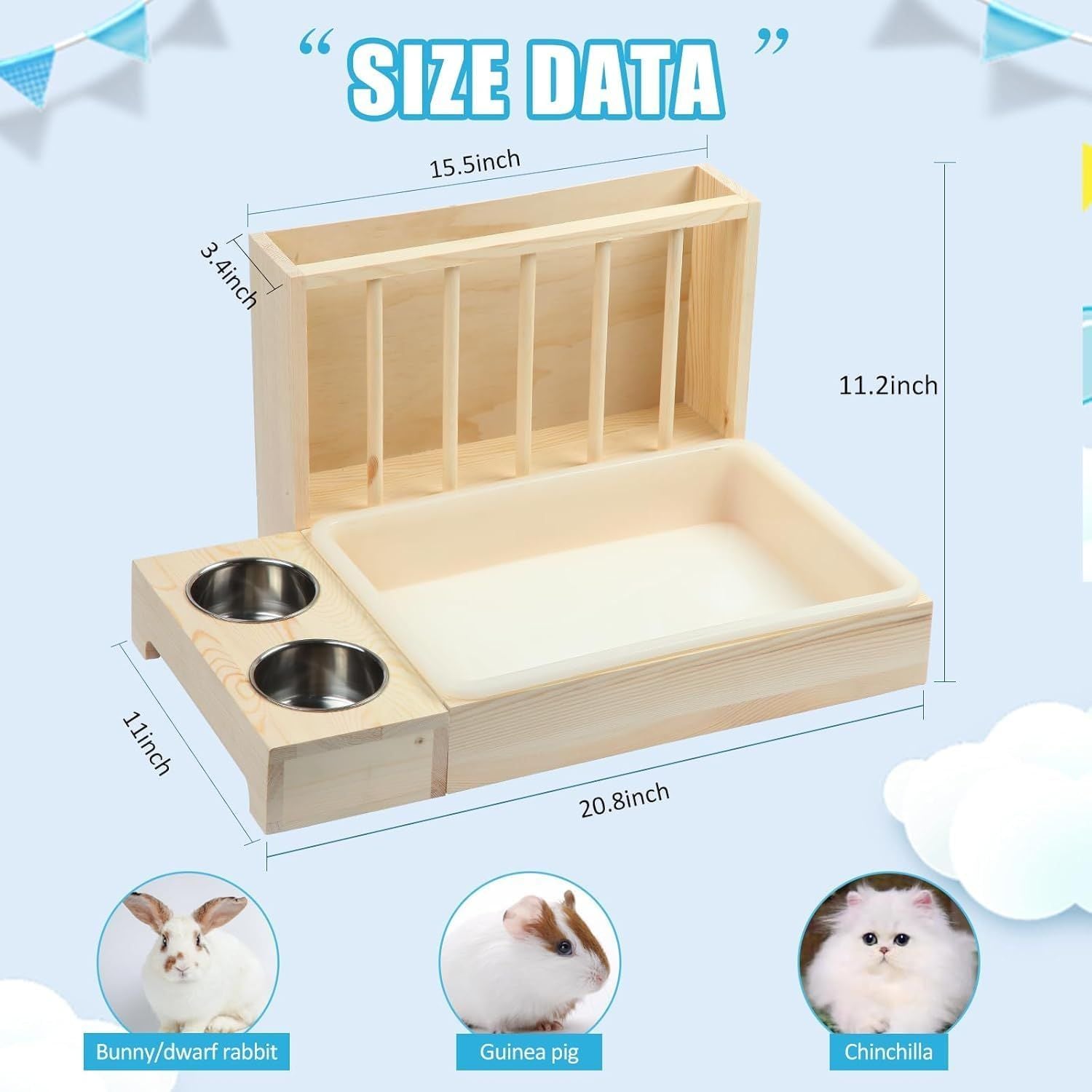 Wooden Rabbit Hay Feeder with 3-in-1 Litter Box and Bowls, Small Animal Rack for Guinea Pigs, Chinchillas, Hamsters, and Dwarf Rabbits - Wood Color