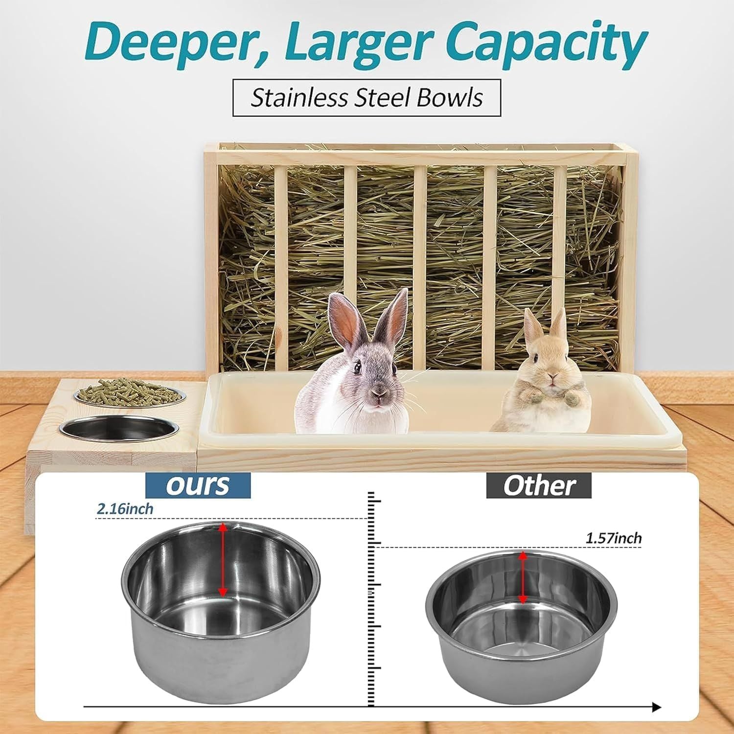 Wooden Rabbit Hay Feeder with 3-in-1 Litter Box and Bowls, Small Animal Rack for Guinea Pigs, Chinchillas, Hamsters, and Dwarf Rabbits - Wood Color