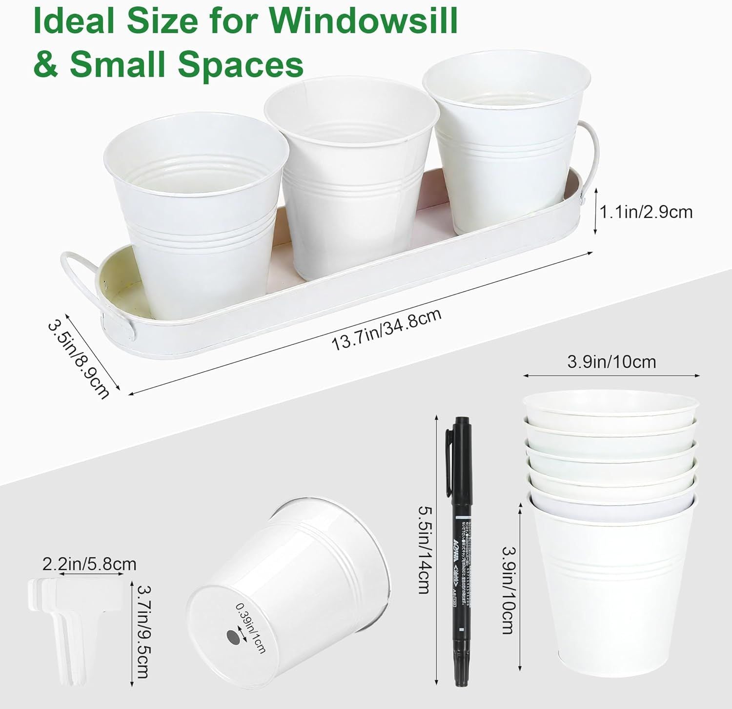 Herb Garden Planter Indoor Kit - 6 Metal Pots with 2 Trays for Windowsill & Kitchen Counter - Modern V1338-WAK0009