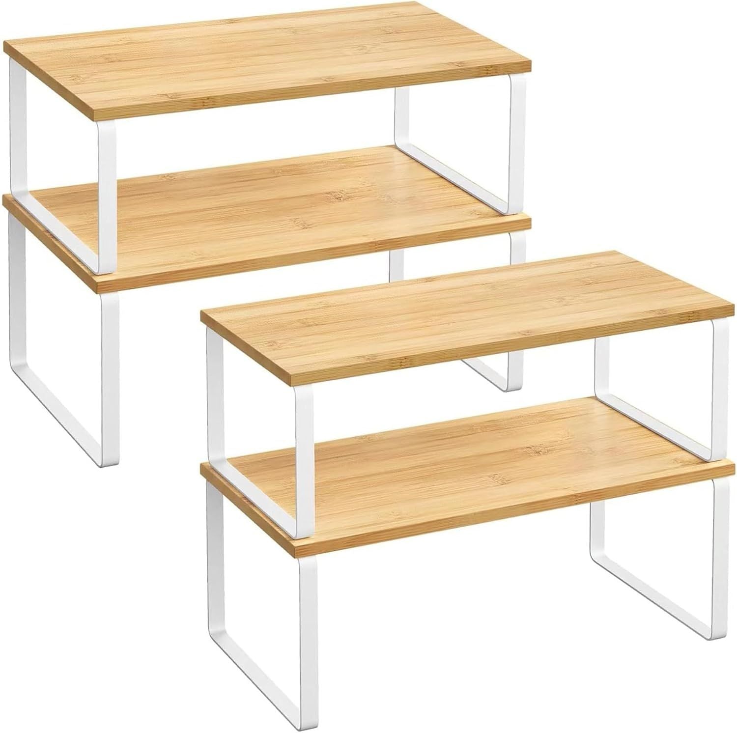 Kitchen Shelf Organizer - 2-Tier Expandable & Stackable Countertop Spice Storage Rack, White Metal Frame V1338-WAK0028