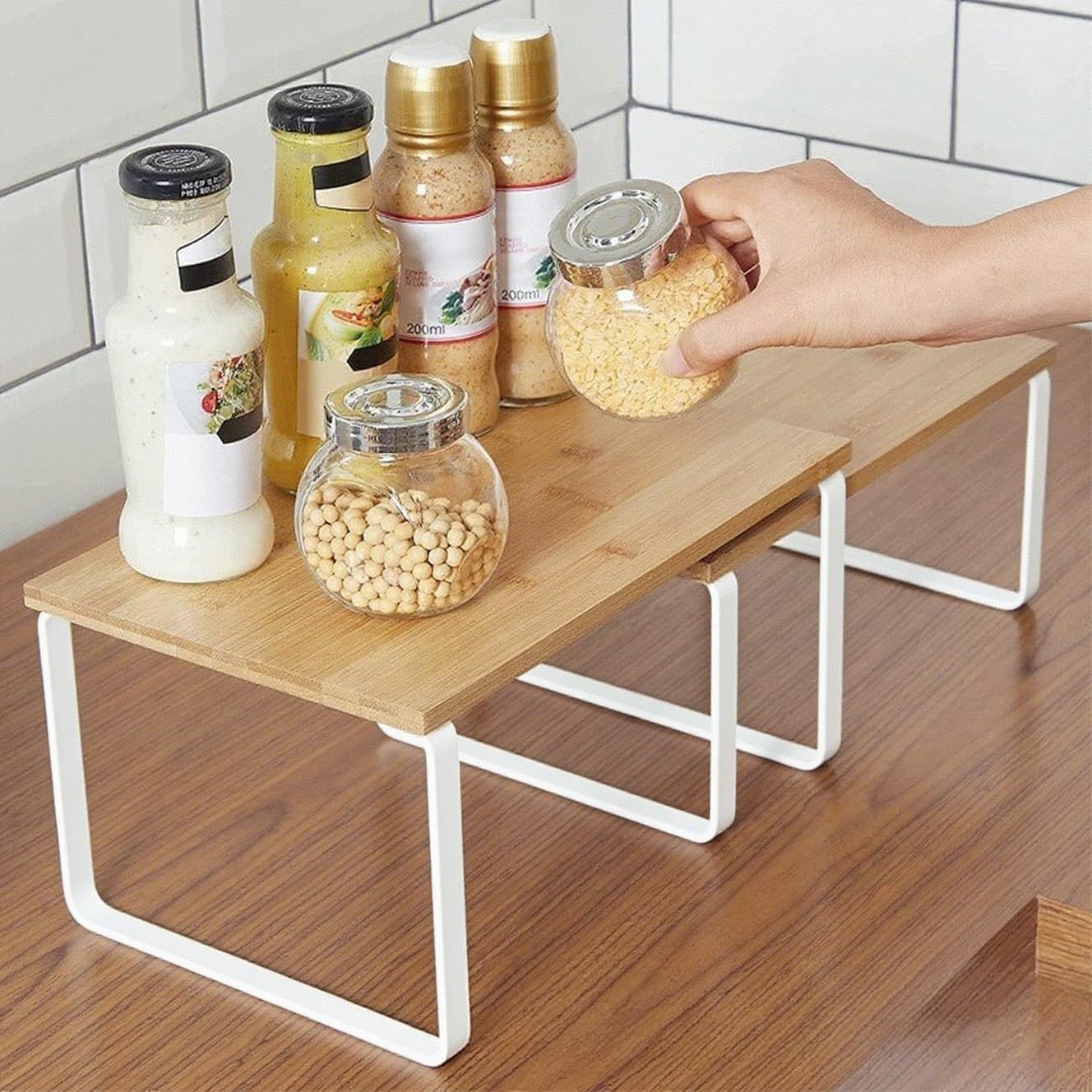 Kitchen Shelf Organizer - 2-Tier Expandable & Stackable Countertop Spice Storage Rack, White Metal Frame V1338-WAK0028