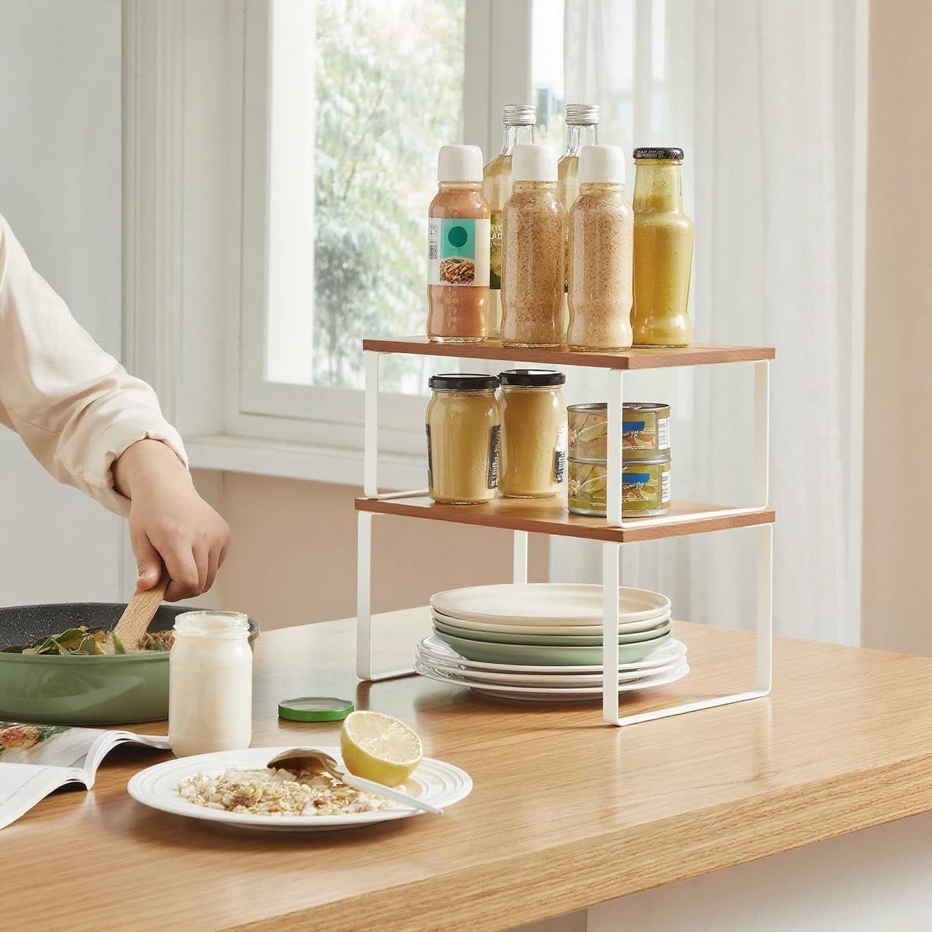 Kitchen Shelf Organizer - 2-Tier Expandable & Stackable Countertop Spice Storage Rack, White Metal Frame V1338-WAK0028