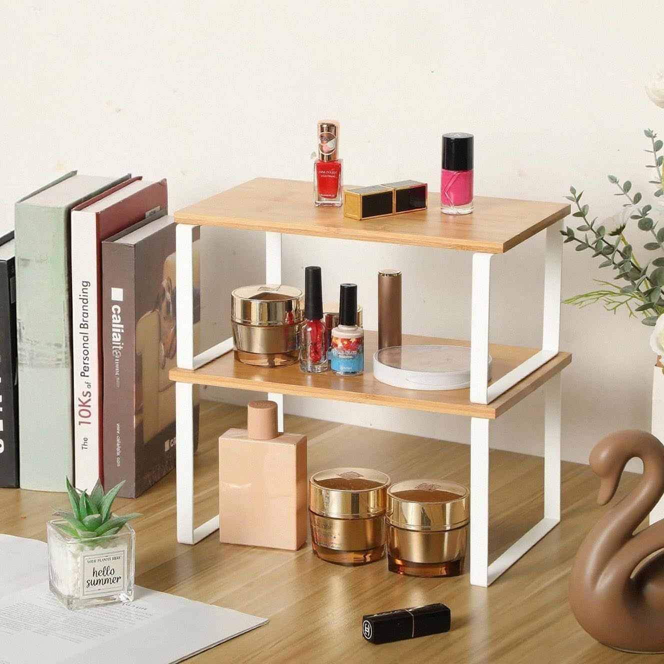 Kitchen Shelf Organizer - 2-Tier Expandable & Stackable Countertop Spice Storage Rack, White Metal Frame V1338-WAK0028