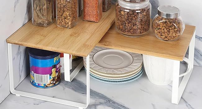 Kitchen Shelf Organizer - 2-Tier Expandable & Stackable Countertop Spice Storage Rack, White Metal Frame V1338-WAK0028