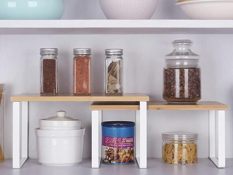Kitchen Shelf Organizer - 2-Tier Expandable & Stackable Countertop Spice Storage Rack, White Metal Frame V1338-WAK0028