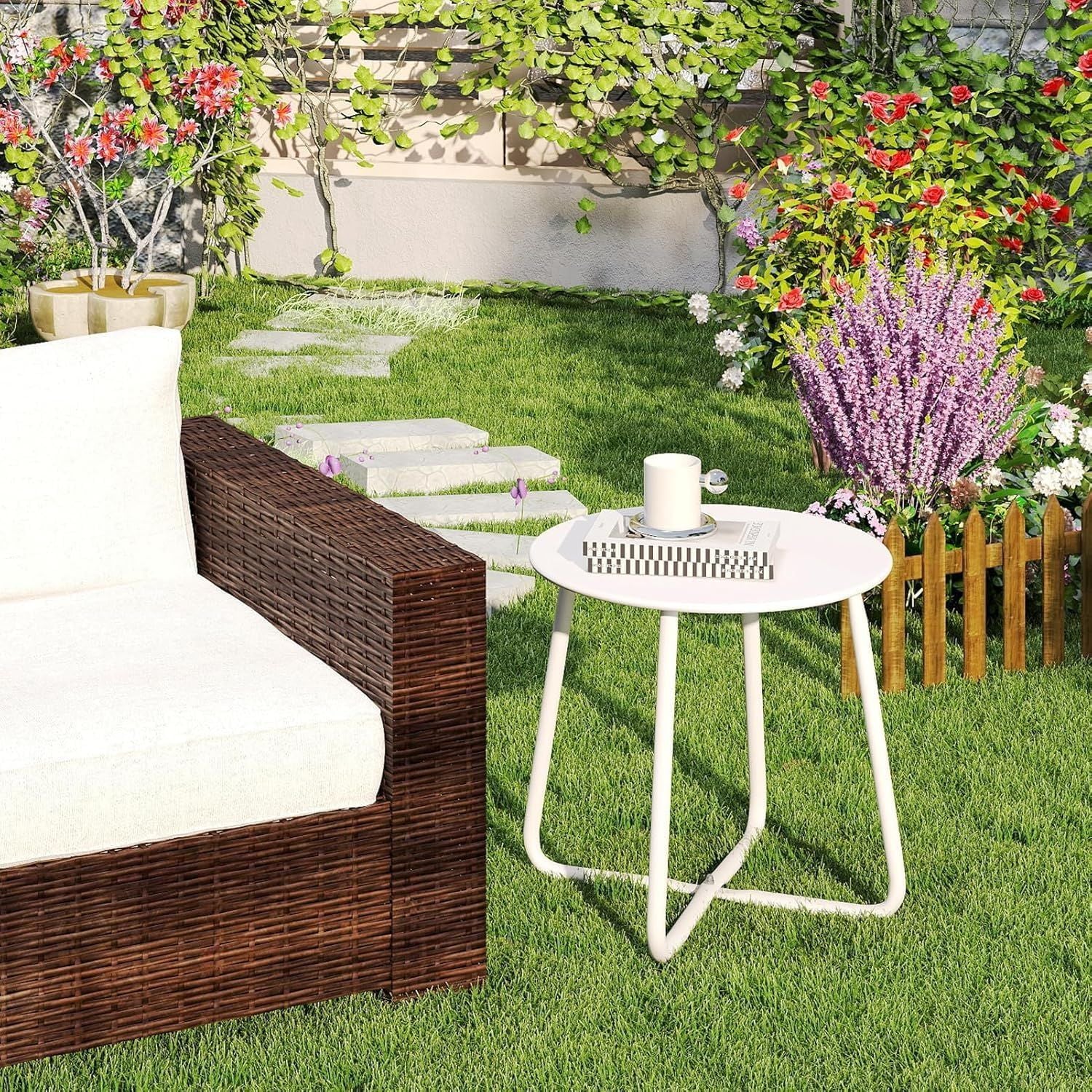 Metal Outdoor Side Table - Round Patio Table, Rust-Resistant Small End Coffee Table for Balcony, Garden, V1338-WAK0051