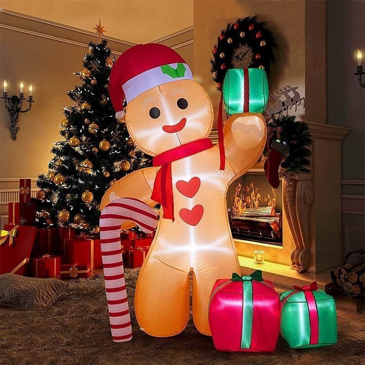 8FT/2.4m Lighted Inflatable Gingerbread Man Christmas Decoration with Candy Cane & Gift Boxes, Outdoor Indoor V1338-WAK0054