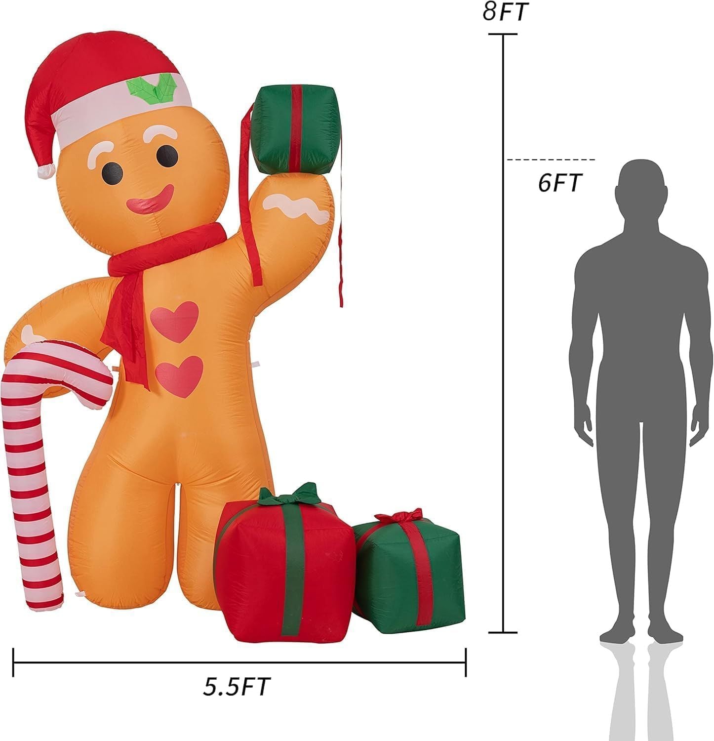 8FT/2.4m Lighted Inflatable Gingerbread Man Christmas Decoration with Candy Cane & Gift Boxes, Outdoor Indoor V1338-WAK0054