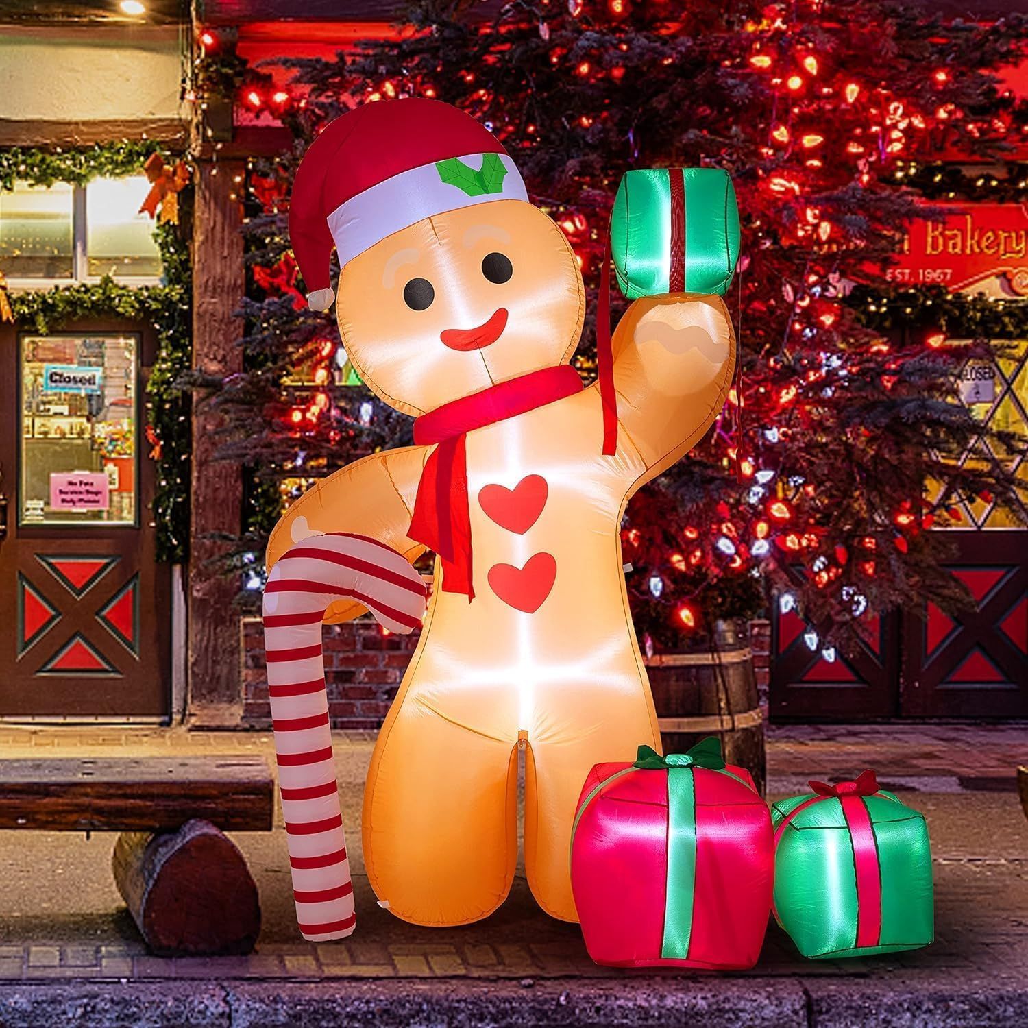 8FT/2.4m Lighted Inflatable Gingerbread Man Christmas Decoration with Candy Cane & Gift Boxes, Outdoor Indoor V1338-WAK0054