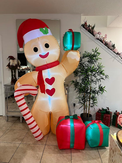 8FT/2.4m Lighted Inflatable Gingerbread Man Christmas Decoration with Candy Cane & Gift Boxes, Outdoor Indoor V1338-WAK0054