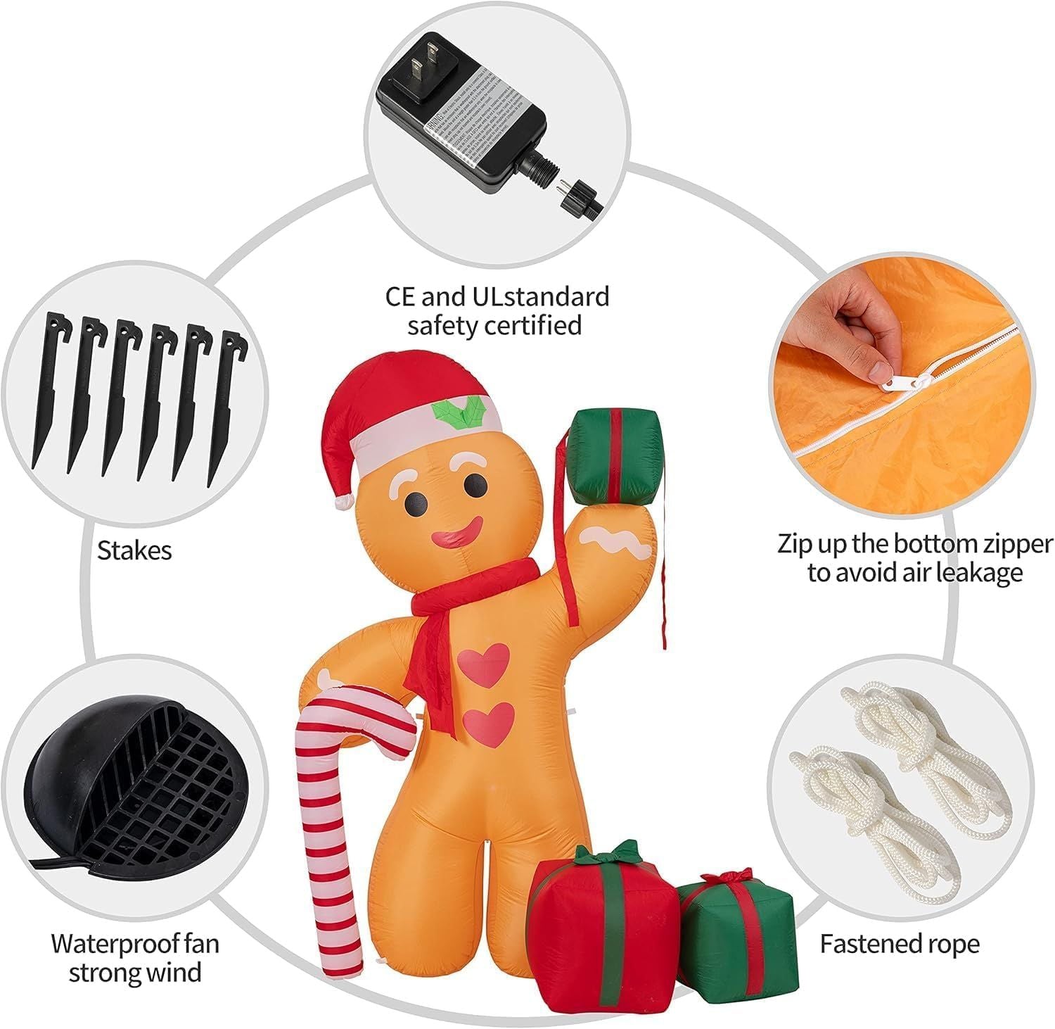 8FT/2.4m Lighted Inflatable Gingerbread Man Christmas Decoration with Candy Cane & Gift Boxes, Outdoor Indoor V1338-WAK0054