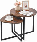 Nesting Side Tables Set of 2, Round End Tables with Rustic Brown Wood Look Top and Black Metal Frame, Space V1338-WAK0060