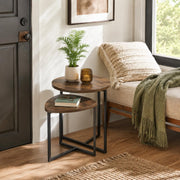 Nesting Side Tables Set of 2, Round End Tables with Rustic Brown Wood Look Top and Black Metal Frame, Space V1338-WAK0060
