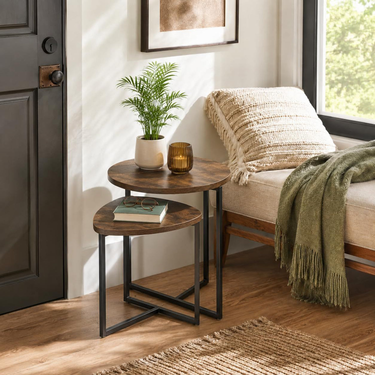 Nesting Side Tables Set of 2, Round End Tables with Rustic Brown Wood Look Top and Black Metal Frame, Space V1338-WAK0060