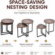 Nesting Side Tables Set of 2, Round End Tables with Rustic Brown Wood Look Top and Black Metal Frame, Space V1338-WAK0060