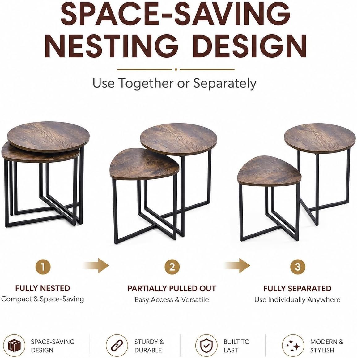 Nesting Side Tables Set of 2, Round End Tables with Rustic Brown Wood Look Top and Black Metal Frame, Space V1338-WAK0060