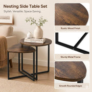 Nesting Side Tables Set of 2, Round End Tables with Rustic Brown Wood Look Top and Black Metal Frame, Space V1338-WAK0060
