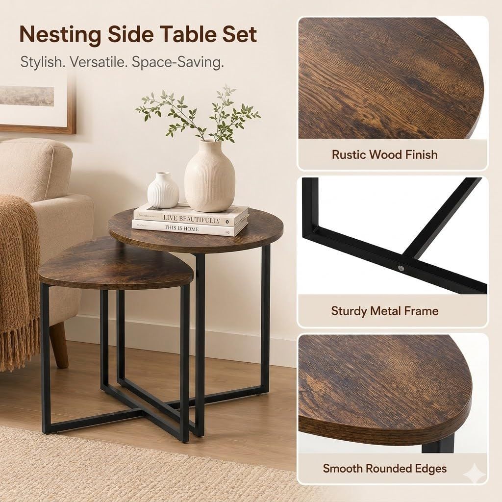 Nesting Side Tables Set of 2, Round End Tables with Rustic Brown Wood Look Top and Black Metal Frame, Space V1338-WAK0060